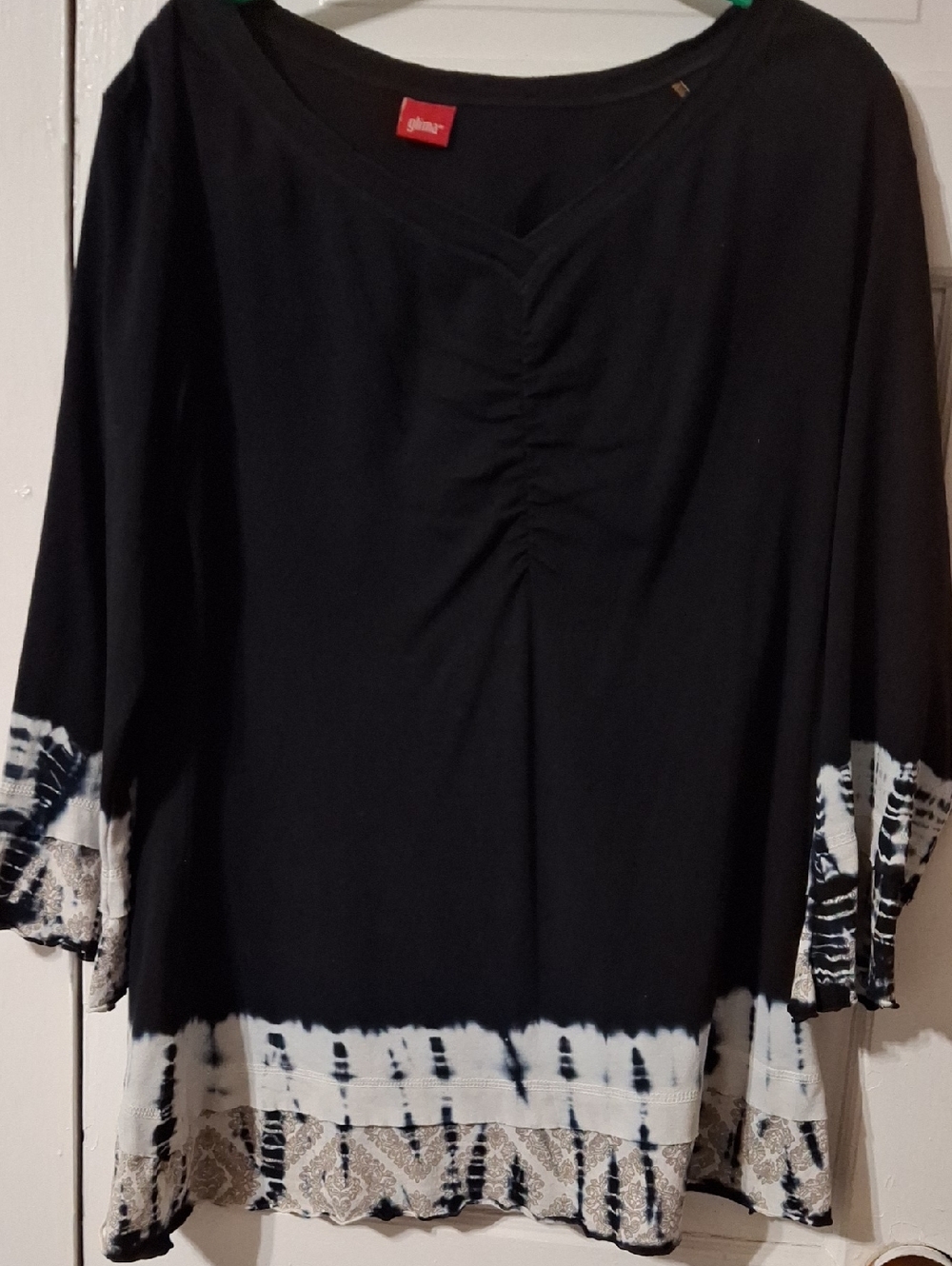 Gilli Black Ruched Front Tie-Dye Hem 3/4 Sleeve Tunic (Mis218)